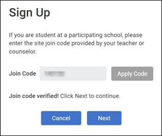 Sign Up page prompting students to enter a join code and providing 'Apply Code,' 'Cancel,' and 'Next' buttons after verification