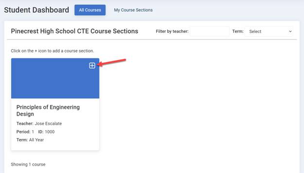 Student Dashboard page displaying a course section titled 'Principles of Engineering Design.' A red arrow points to a plus icon, indicating the option to add the course
